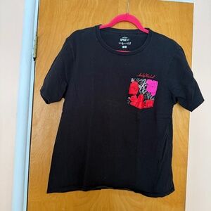 Andy Warhol Black, Red, Pink Flowers Pocket T-Shirt, Size L